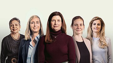 Die Macht ist weiblich: Commerzbank-Vorständin Bettina Orlopp (Mitte) ist Prima inter Pares des Jahres 2022. Ebenfalls ausgezeichnet wurden: Covestro-Vorständin Sucheta Govil, Freshfields-Partnerin Simone Kämpfer, Infineon-Managerin Magdalene Böbel und die Nachhaltigkeits-Investorin Janna Ensthaler (von links).